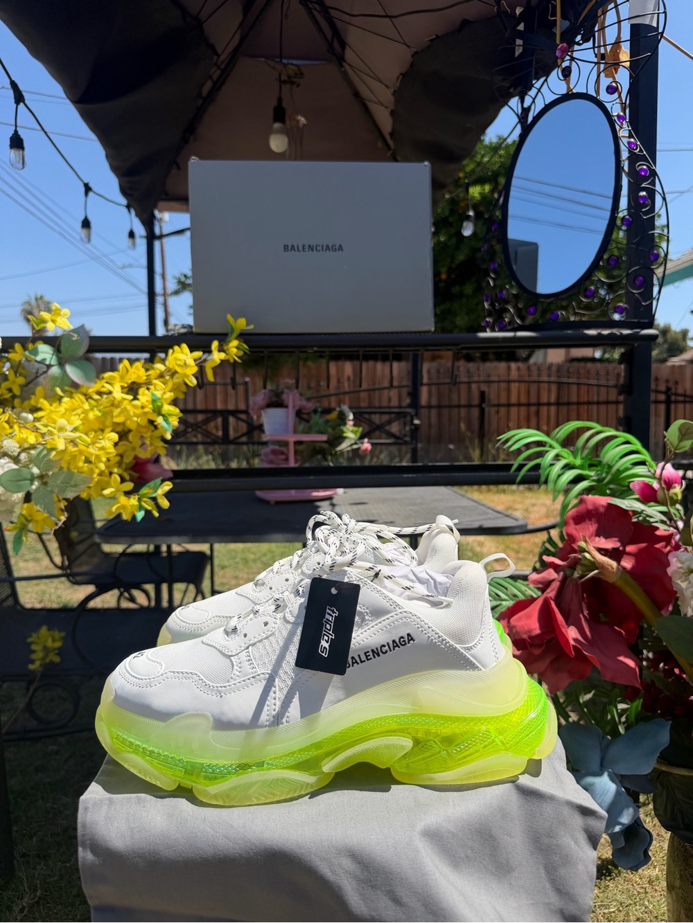 Balenciaga White Sneakers with Neon Green Sole